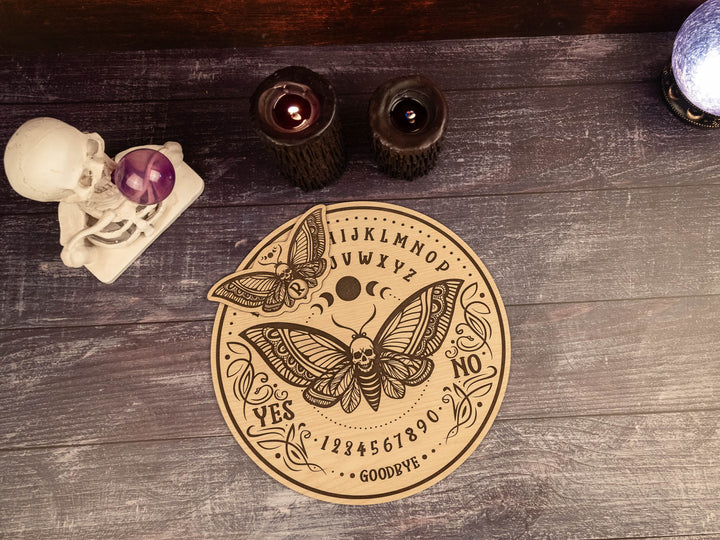 Custom Engraved Ouija Board with Moth & Skull Design – Personalized Gothic Spirit Board for Halloween Decor