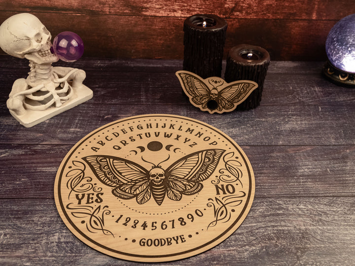 Custom Engraved Ouija Board with Moth & Skull Design – Personalized Gothic Spirit Board for Halloween Decor