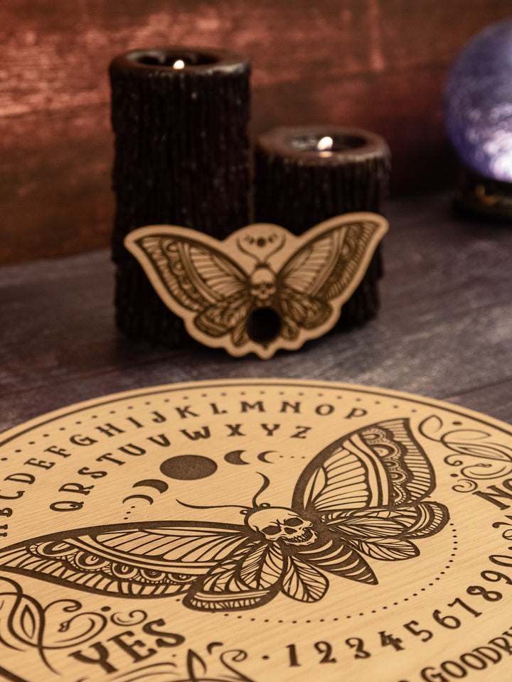 Custom Engraved Ouija Board with Moth & Skull Design – Personalized Gothic Spirit Board for Halloween Decor