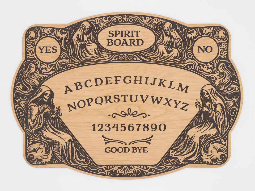Custom Engraved Ouija Board with Twin Reapers – Personalized Spirit Board for Mystical Halloween Decor