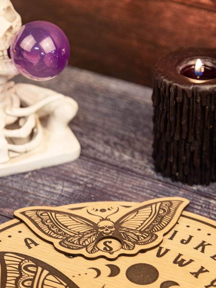 Custom Engraved Ouija Board with Moth & Skull Design – Personalized Gothic Spirit Board for Halloween Decor