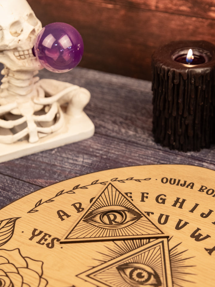 Custom Engraved Ouija Board with Mystical Roses & All-Seeing Eye – Personalized Spirit Board for Halloween Decor