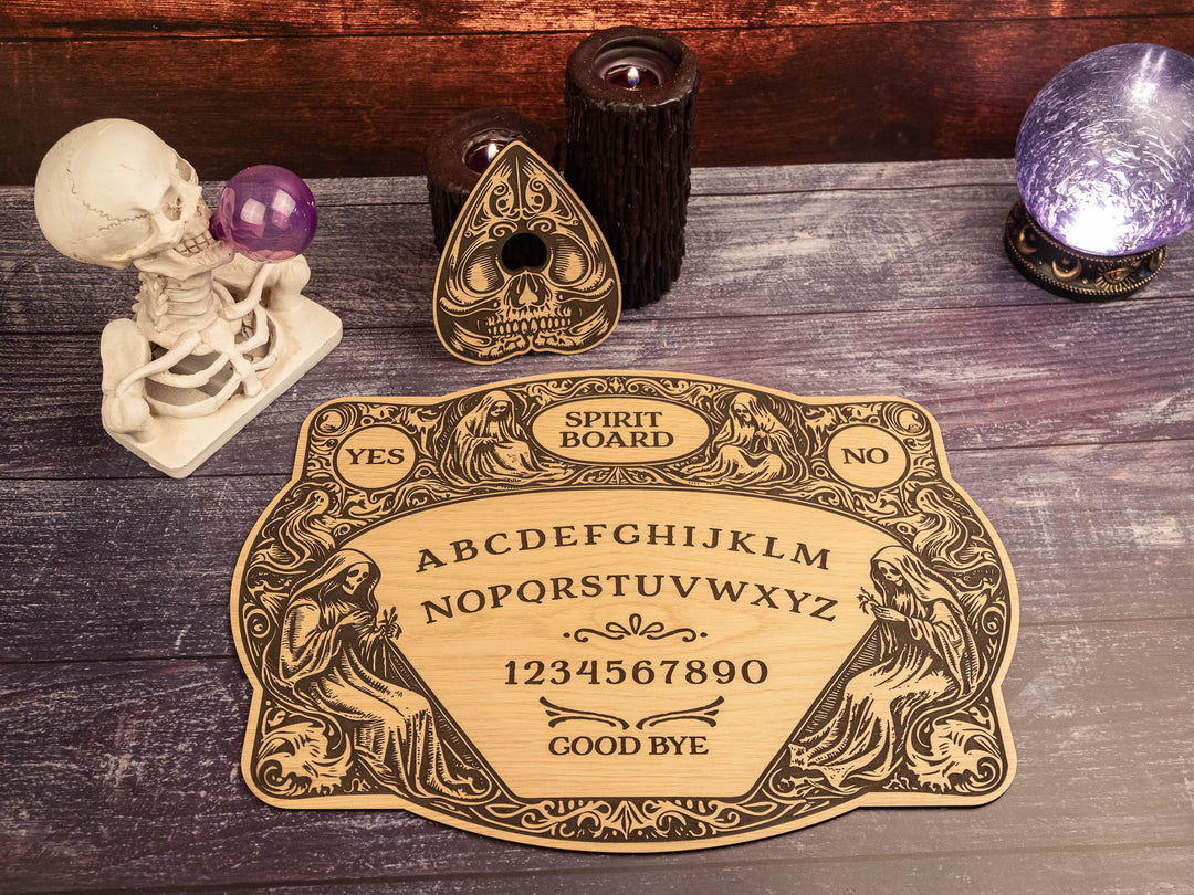 Custom Engraved Ouija Board with Twin Reapers – Personalized Spirit Board for Mystical Halloween Decor
