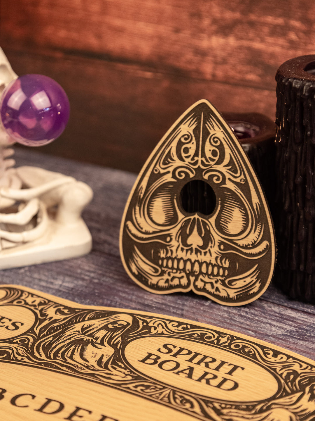 Custom Engraved Ouija Board with Twin Reapers – Personalized Spirit Board for Mystical Halloween Decor