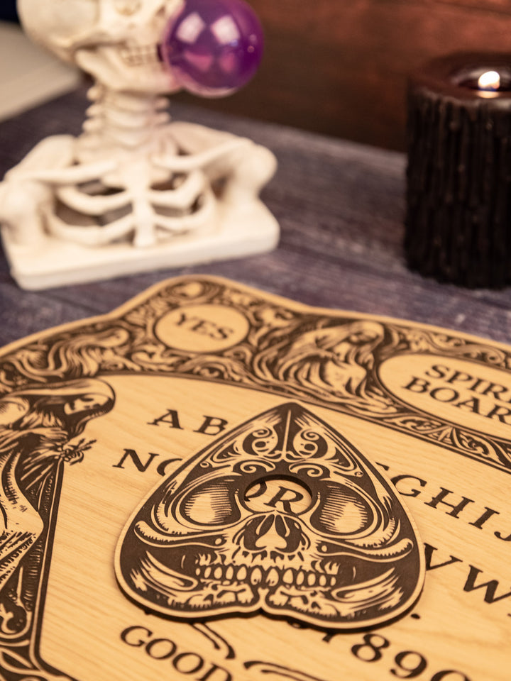Custom Engraved Ouija Board with Twin Reapers – Personalized Spirit Board for Mystical Halloween Decor
