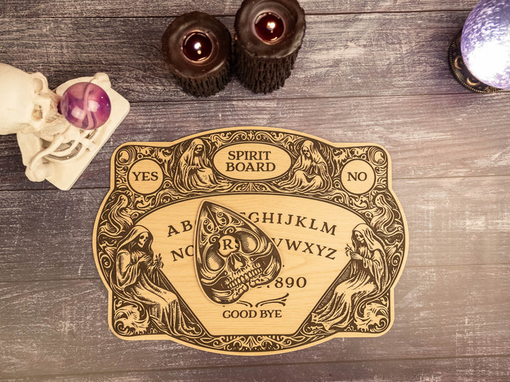 Custom Engraved Ouija Board with Twin Reapers – Personalized Spirit Board for Mystical Halloween Decor