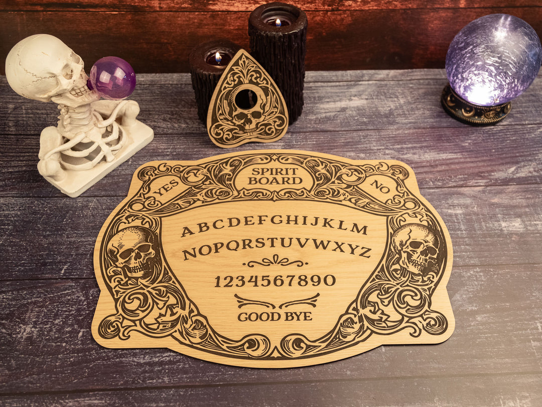 Custom Engraved Ouija Board with Floating Skulls – Personalized Spirit Board for Mystical Halloween Decor