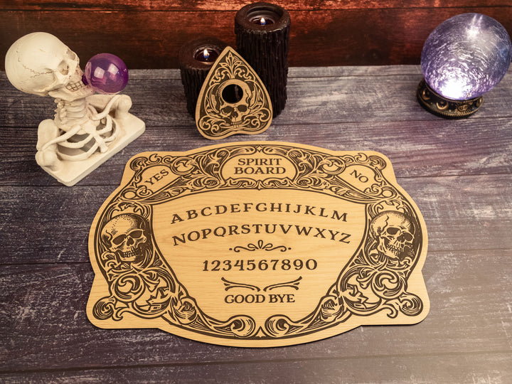 Custom Engraved Ouija Board with Floating Skulls – Personalized Spirit Board for Mystical Halloween Decor