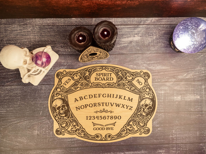 Custom Engraved Ouija Board with Floating Skulls – Personalized Spirit Board for Mystical Halloween Decor