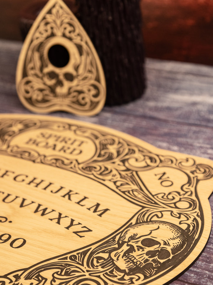 Custom Engraved Ouija Board with Floating Skulls – Personalized Spirit Board for Mystical Halloween Decor