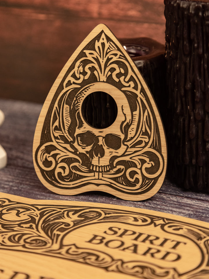 Custom Engraved Ouija Board with Floating Skulls – Personalized Spirit Board for Mystical Halloween Decor