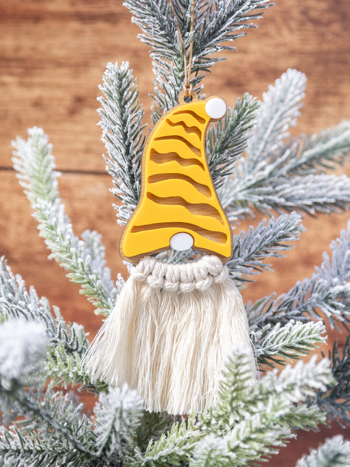 Wooden Gnome Ornament with Macrame Beard – Rustic Christmas Tree Decor