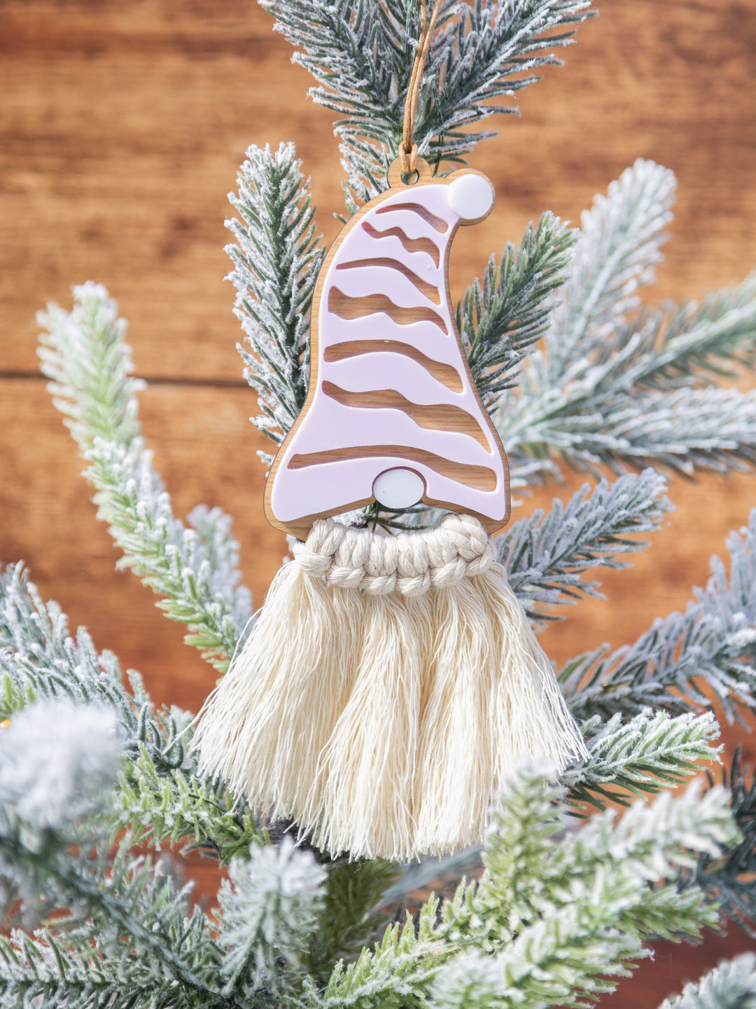Wooden Gnome Ornament with Macrame Beard – Rustic Christmas Tree Decor