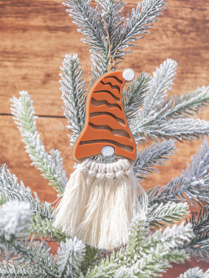 Wooden Gnome Ornament with Macrame Beard – Rustic Christmas Tree Decor