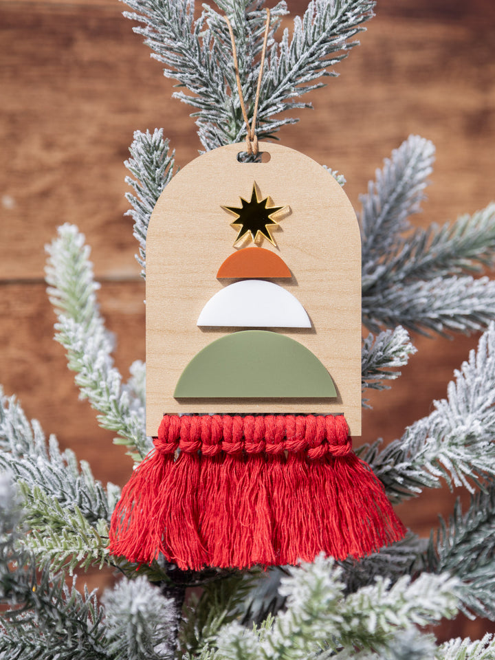 Custom Wooden Christmas Ornament with Macrame Fringe | Rustic Holiday Tree Décor