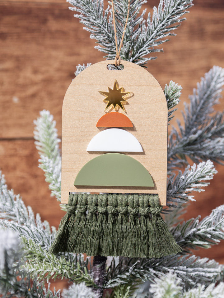 Custom Wooden Christmas Ornament with Macrame Fringe | Rustic Holiday Tree Décor