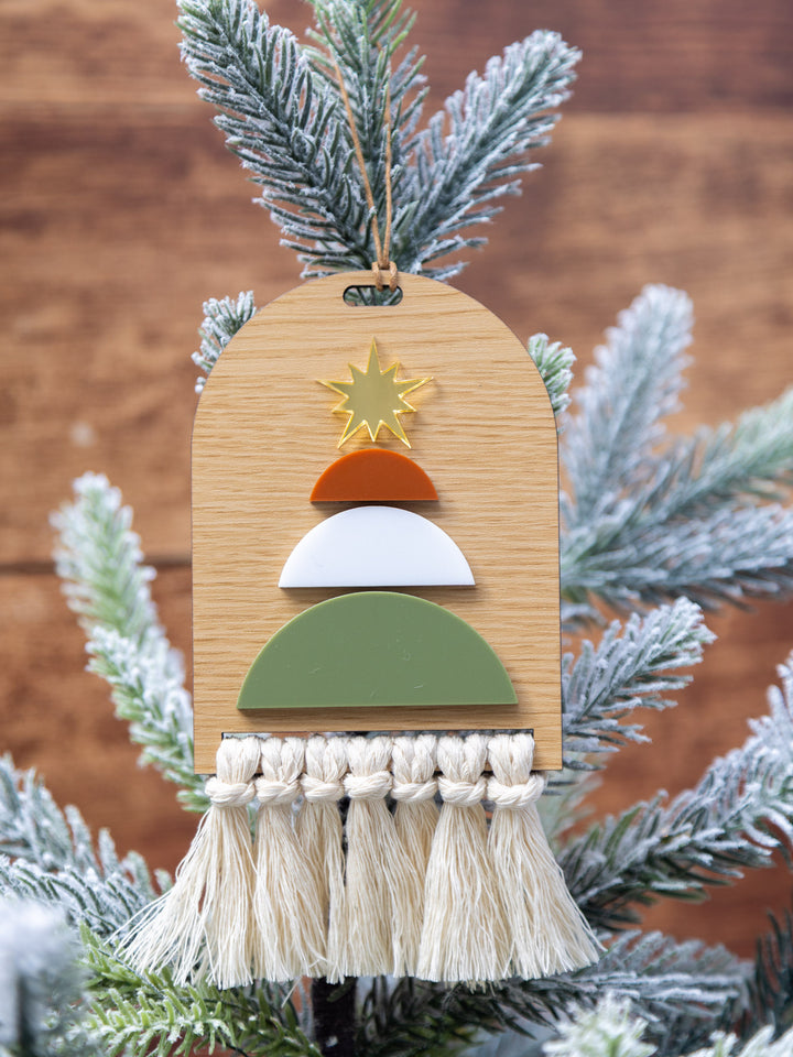 Custom Wooden Christmas Ornament with Macrame Fringe | Rustic Holiday Tree Décor