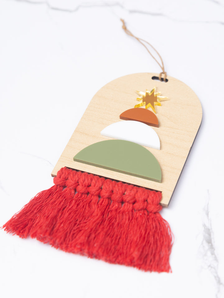 Custom Wooden Christmas Ornament with Macrame Fringe | Rustic Holiday Tree Décor