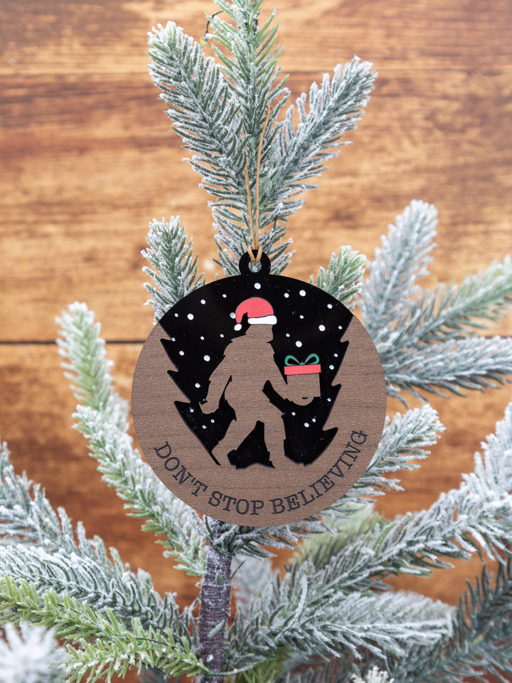 Don’t Stop Believing Bigfoot Christmas Ornament – Hand-Painted Wood & Acrylic Holiday Décor