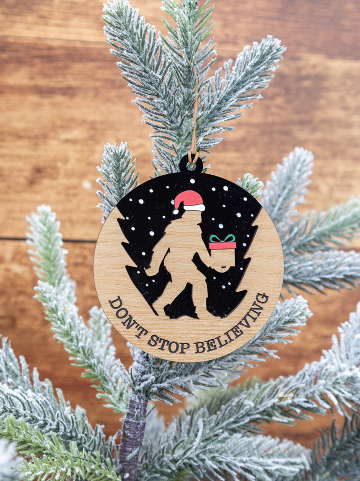 Don’t Stop Believing Bigfoot Christmas Ornament – Hand-Painted Wood & Acrylic Holiday Décor
