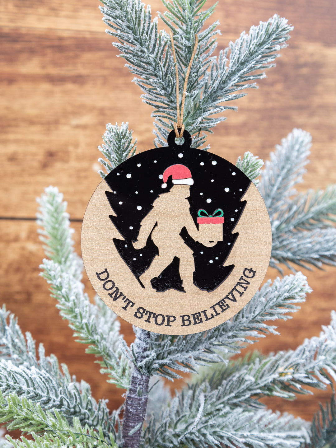 Don’t Stop Believing Bigfoot Christmas Ornament – Hand-Painted Wood & Acrylic Holiday Décor