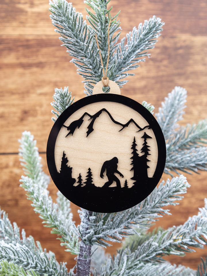 Bigfoot Mountain Scene Ornament – Wood & Acrylic Sasquatch Christmas Décor