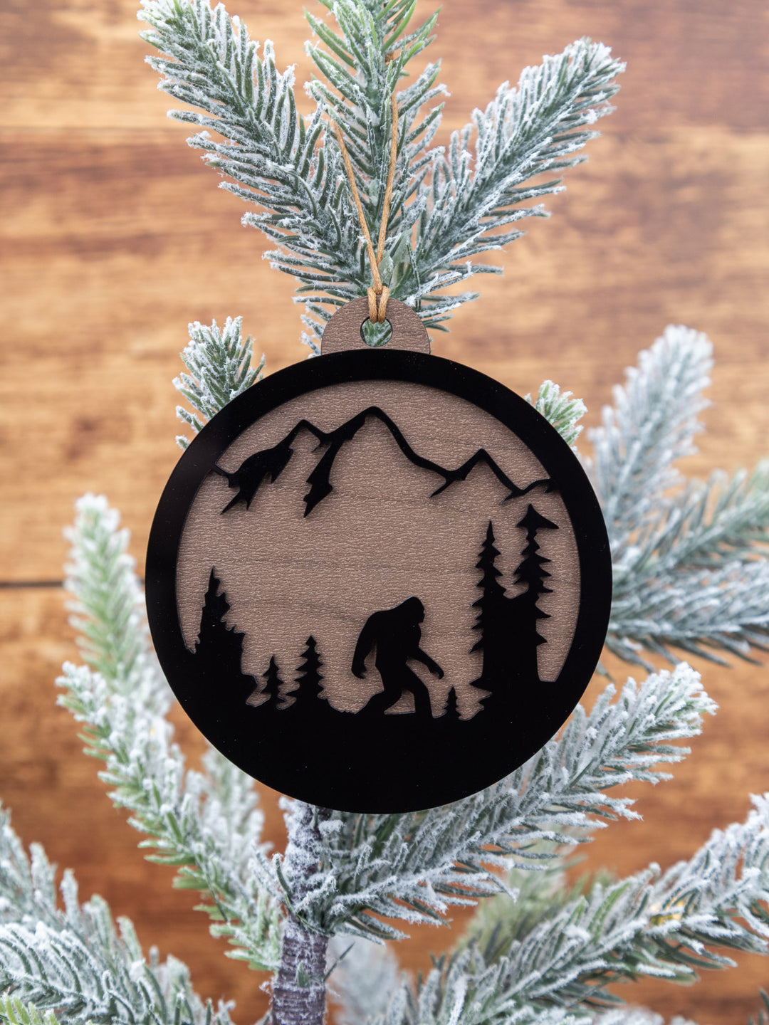Bigfoot Mountain Scene Ornament – Wood & Acrylic Sasquatch Christmas Décor