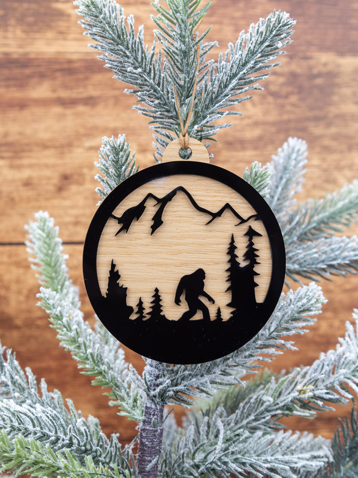 Bigfoot Mountain Scene Ornament – Wood & Acrylic Sasquatch Christmas Décor