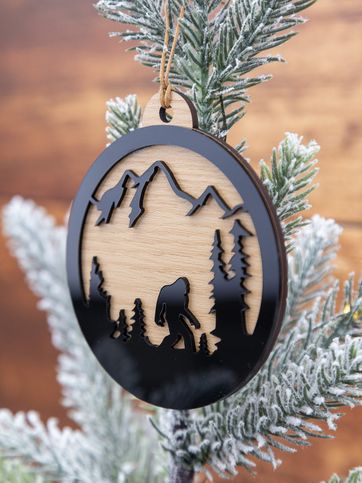 Bigfoot Mountain Scene Ornament – Wood & Acrylic Sasquatch Christmas Décor