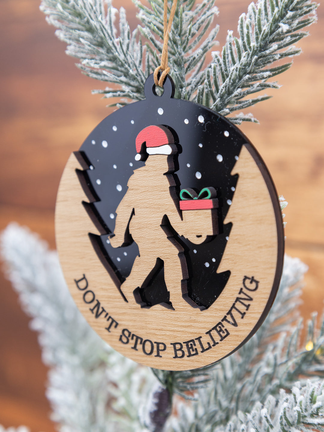Don’t Stop Believing Bigfoot Christmas Ornament – Hand-Painted Wood & Acrylic Holiday Décor