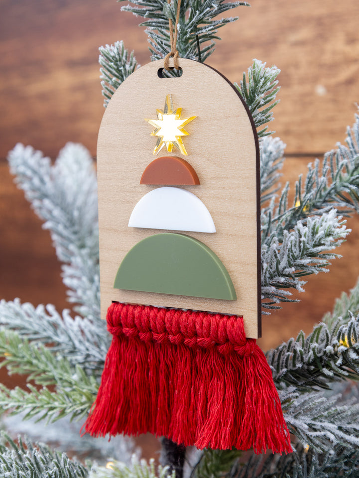Custom Wooden Christmas Ornament with Macrame Fringe | Rustic Holiday Tree Décor