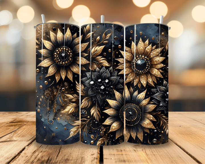 Black & Gold Sunflower Tumbler – 20oz Boho Luxe Stainless Steel Cup - WG Creative Co.