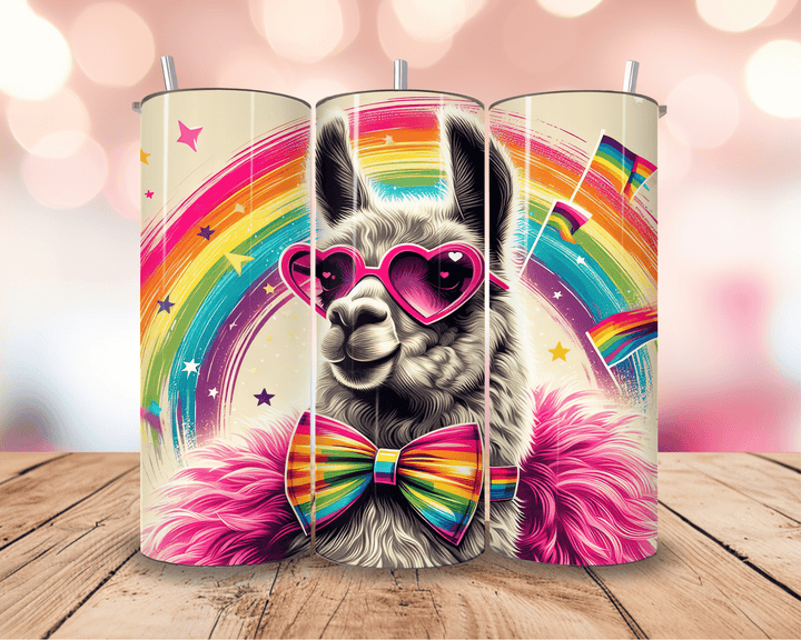 Pride Llama Tumbler – 20oz Rainbow Skinny Tumbler with Bow Tie & Heart Glasses - WG Creative Co.