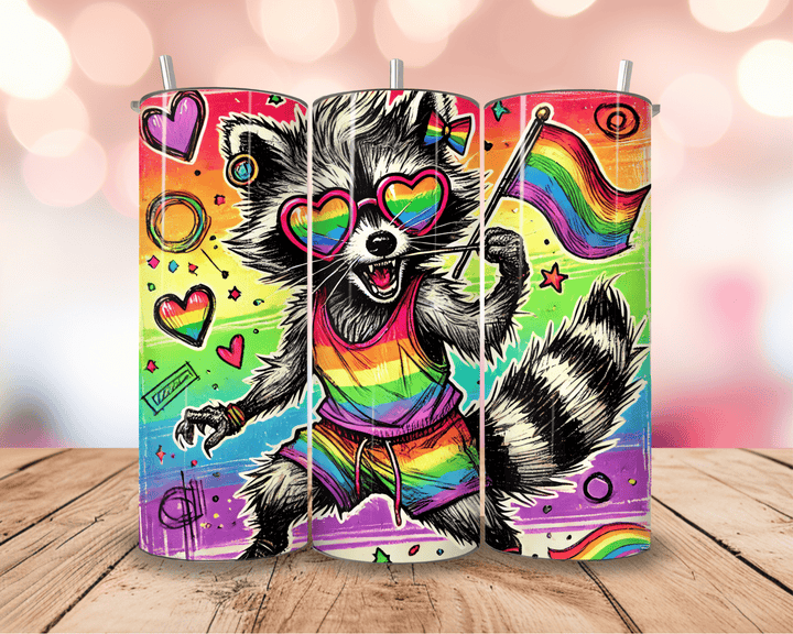 Rainbow Raccoon Pride Tumbler – 20oz LGBTQ+ Skinny Tumbler with Flag & Heart Glasses - WG Creative Co.