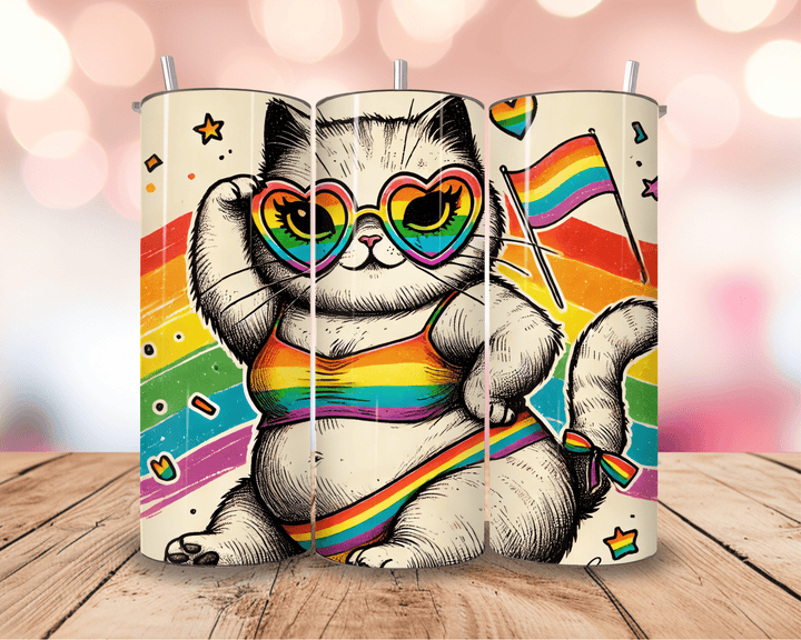Pride Cat Tumbler – 20oz Rainbow Bikini Kitty Skinny Tumbler | LGBTQ+ Cup with Straw - WG Creative Co.