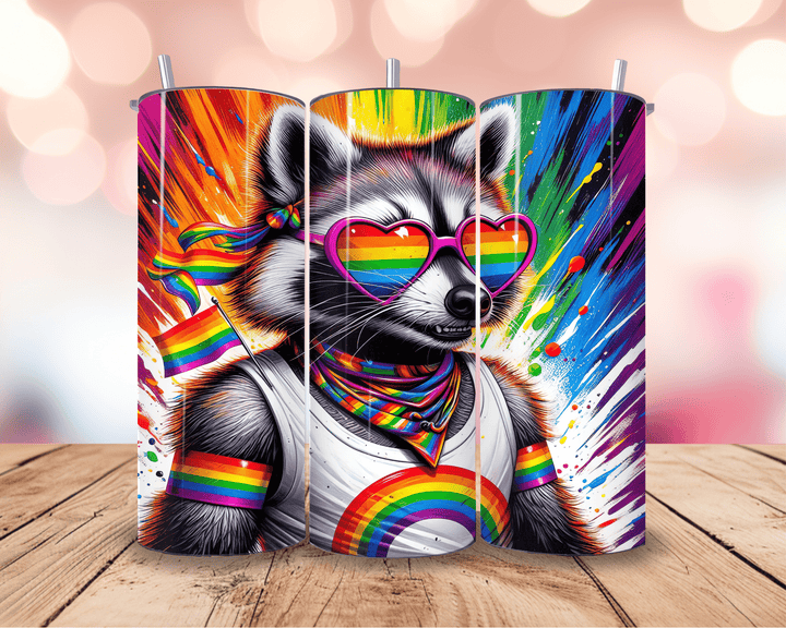 Rainbow Raccoon Pride Tumbler – 20oz LGBTQ+ Skinny Tumbler with Flag, Heart Glasses & Tank - WG Creative Co.