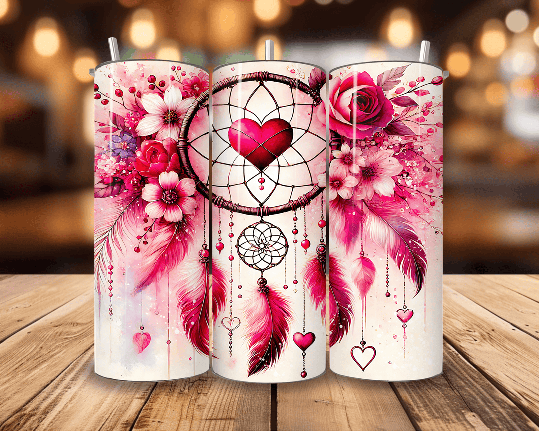 20oz Heart Dreamcatcher Skinny Tumbler – Romantic Boho Design - WG Creative Co.