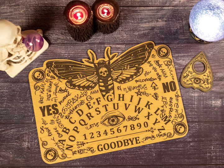Custom Engraved Ouija Board with Moth &amp; Hexes – Personalized Spirit Board for Mystical Halloween Decor