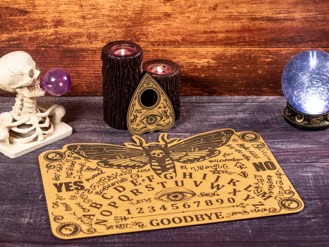Custom Engraved Ouija Board with Moth &amp; Hexes – Personalized Spirit Board for Mystical Halloween Decor