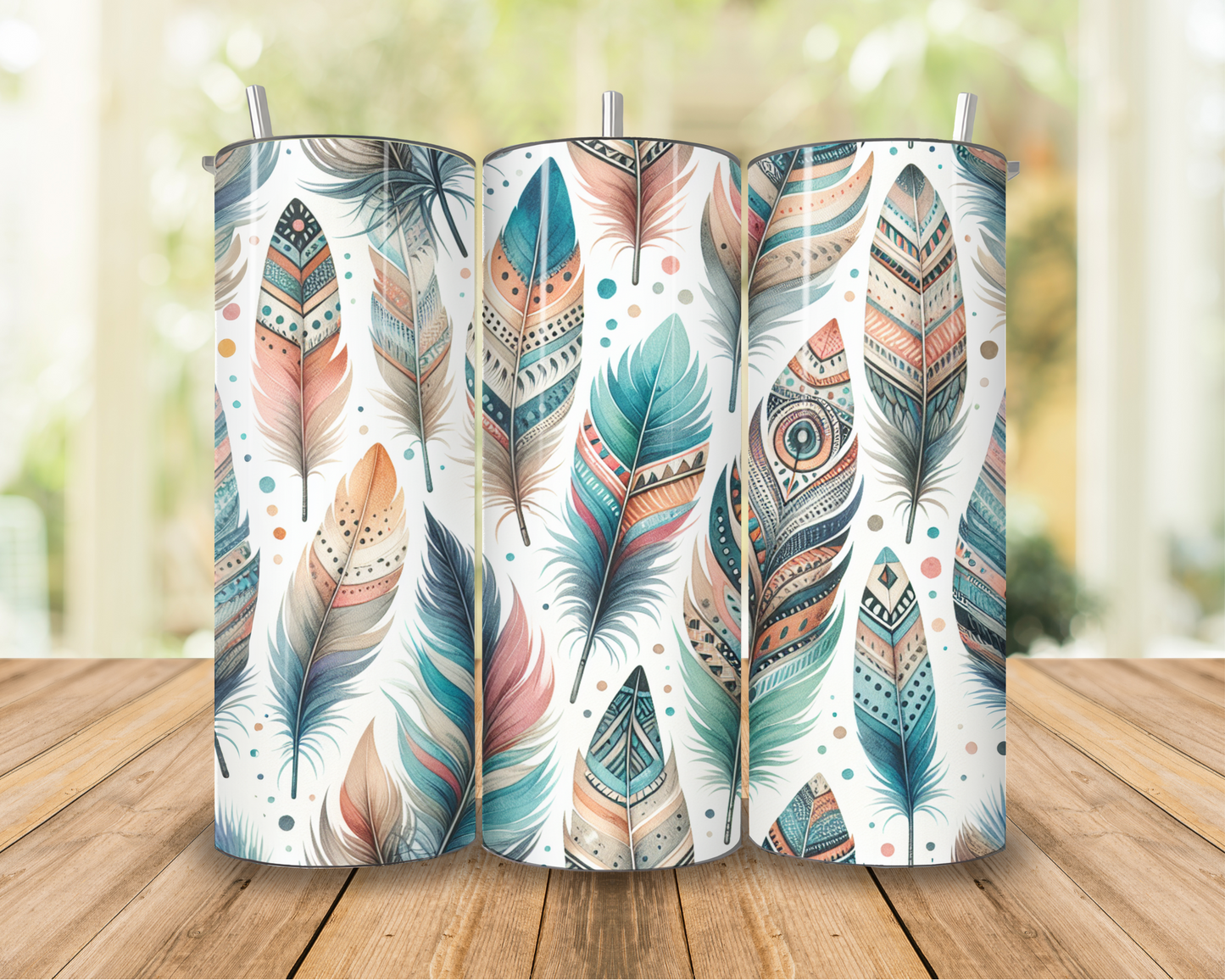 20oz Boho Feathers Skinny Tumbler – Tribal Pattern & Pastel Hues