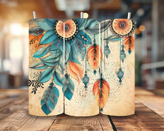 20oz Boho Floral & Feathers Skinny Tumbler – Dreamy Teal & Orange Design