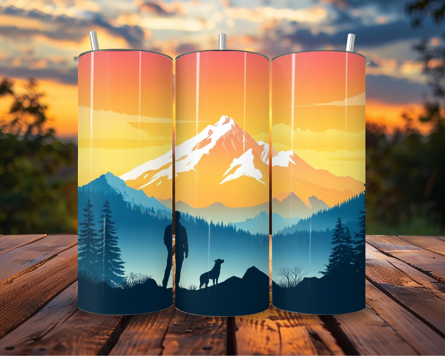 20oz Mountain Sunset Adventure Skinny Tumbler – Hiker & Dog Silhouette