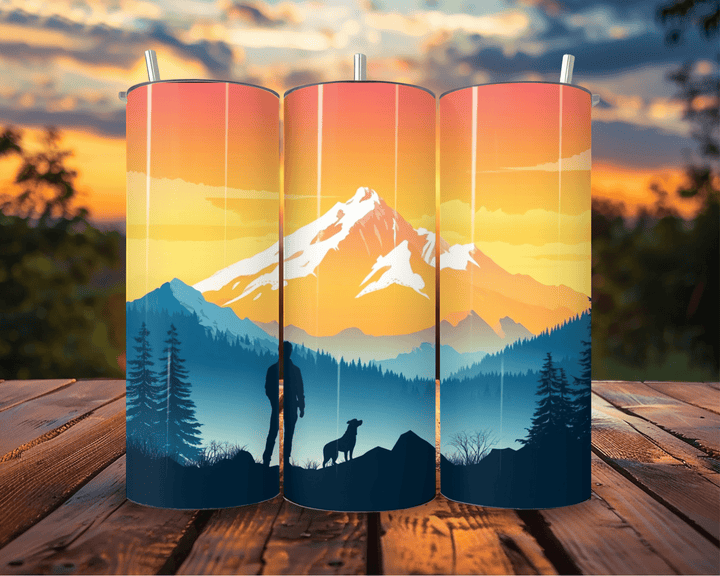 20oz Mountain Sunset Adventure Skinny Tumbler – Hiker & Dog Silhouette - WG Creative Co.