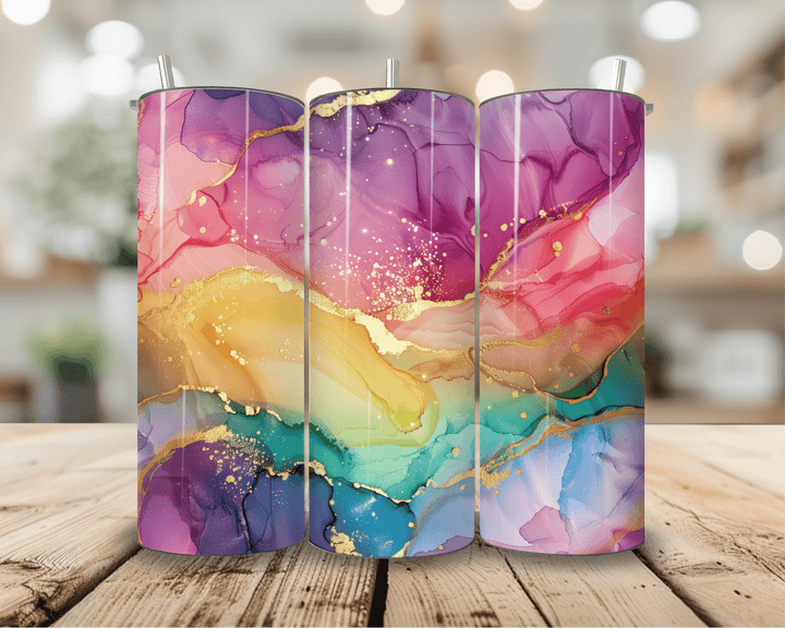 20oz Rainbow Marble Skinny Tumbler – Elegant Abstract Gold Accents - WG Creative Co.
