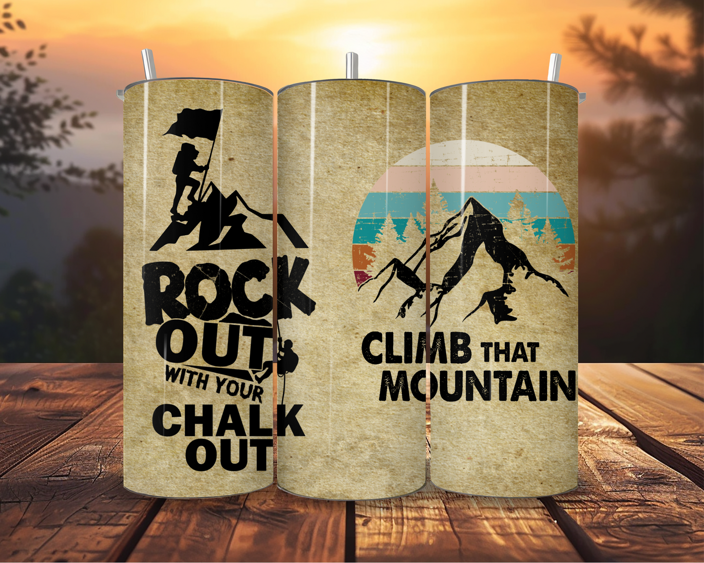 20oz Rock Climbing Adventure Tumbler – "Rock Out with Your Chalk Out" & "Climb That Mountain"