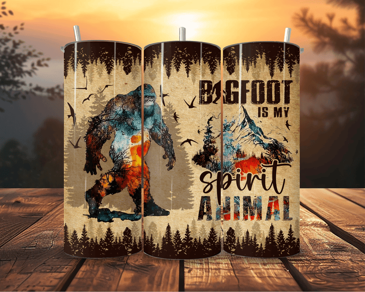 20oz Bigfoot Is My Spirit Animal Skinny Tumbler – Rustic Mountain Design - WG Creative Co.