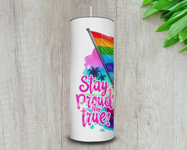 Stay Proud Skeleton - 20oz Skinny Tumbler | LGBTQ+ Pride, Rainbow, Flamingo Float