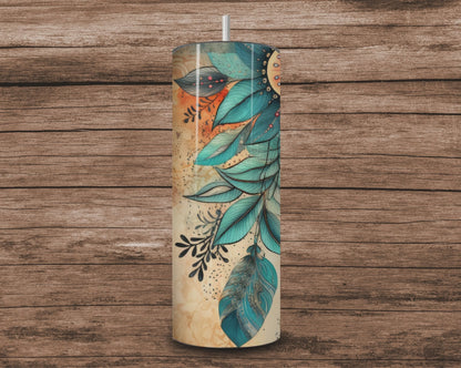 20oz Boho Floral & Feathers Skinny Tumbler – Dreamy Teal & Orange Design