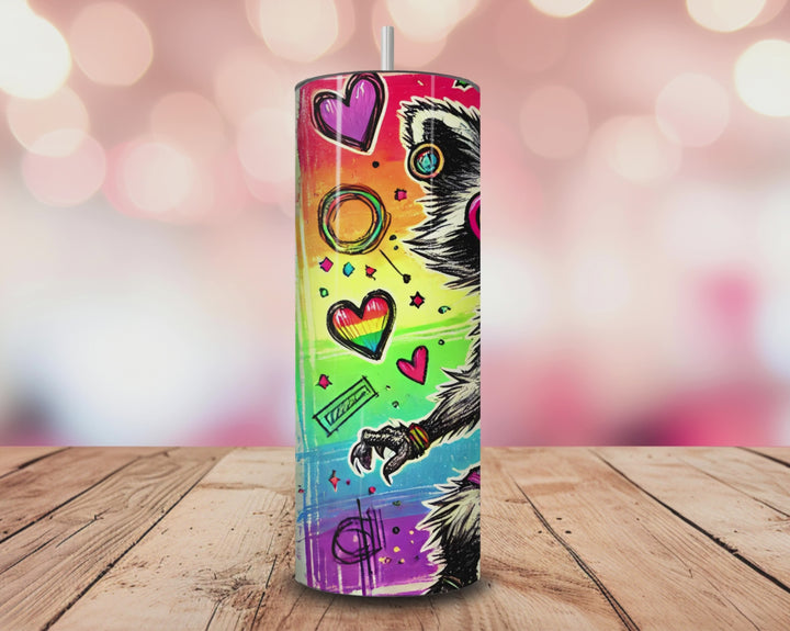 Rainbow Raccoon Pride Tumbler – 20oz LGBTQ+ Skinny Tumbler with Flag & Heart Glasses