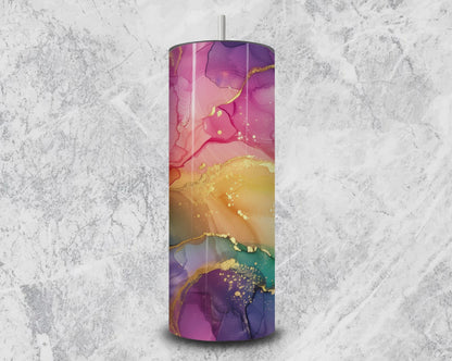 20oz Rainbow Marble Skinny Tumbler – Elegant Abstract Gold Accents